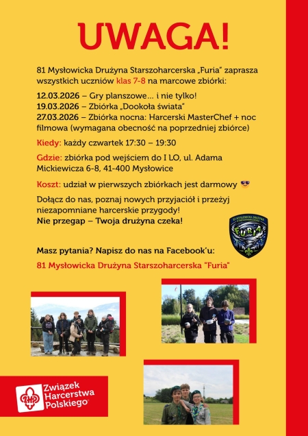 Zapraszamy uczniów klas 7–8 do udziału w marcowych zbiórkach harcerskich